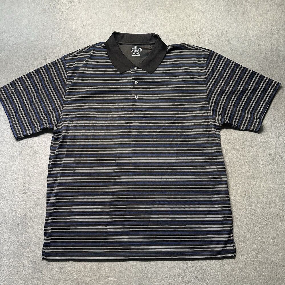Champions Tour Mens XXL Golf Polo Black Blue Striped Performance Outdoor EUC